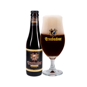 Speciaalbier Troubadour Imperial Stout met ingeschonken Troubadour bierglas