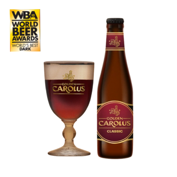 Bierfles Gouden Carolus Classic met ingeschonken glas