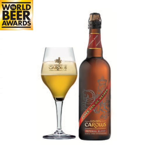 Gouden Carolus Cuvée van de Keizer Imperial Blond met ingeschonken Gouden Carolus bierglas