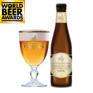 Speciaalbier Gouden Carolus Tripel met ingeschonken Gouden Carolus bierglas