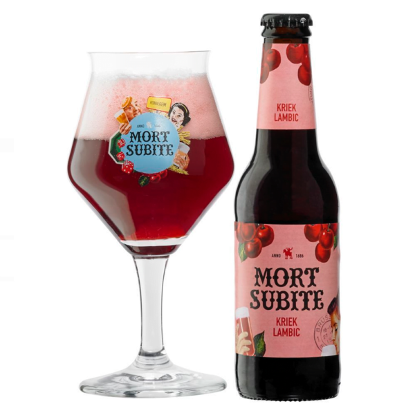 Speciaalbier Mort Subite Kriek Lambic met ingeschonken Mort subite bierglas