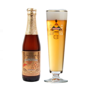 Speciaalbier Lindemans Pecheresse met ingeschonken bierglas