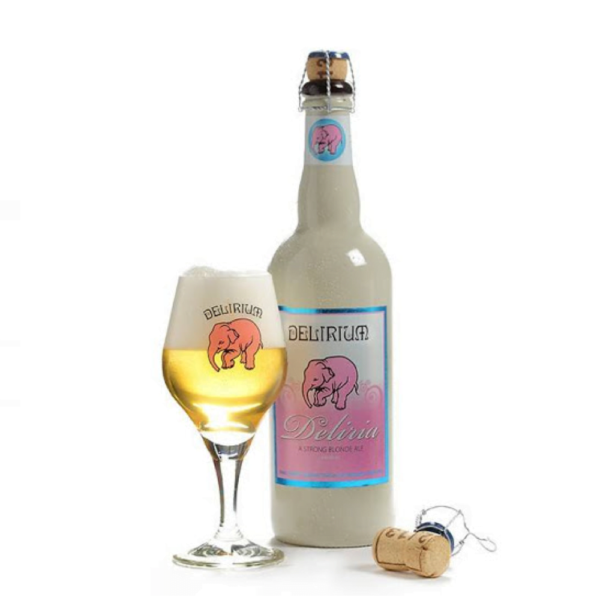 Speciaalbier Delirium Deliria met ingeschonken Delirium bierglas