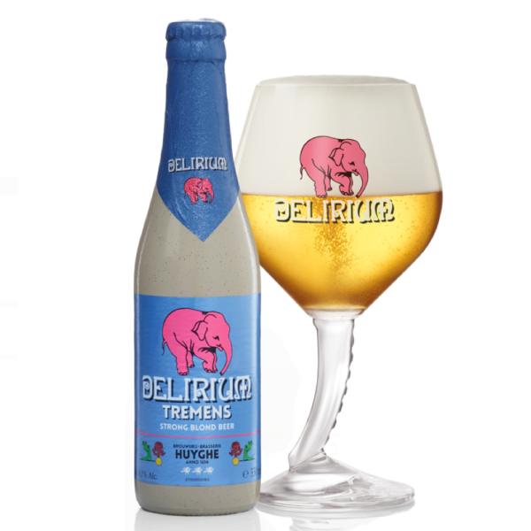 Speciaalbier Delirium Tremens met ingeschonken Delirium bierglas