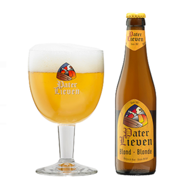 Speciaalbier Pater Lieven Blond met ingeschonken bierglas