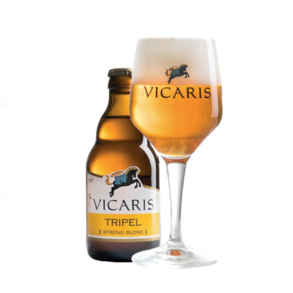 Bierfles Vicaris tripel met ingeschonken bierglas