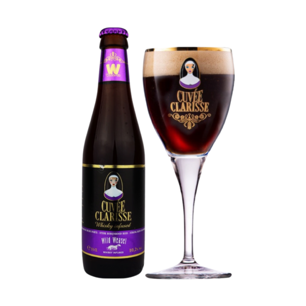 Bierfles Cuvee Clarisse Whisky Infused met ingeschonken bierglas