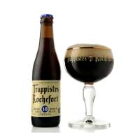 Speciaalbier trappist Rochefort 10 met ingeschonken rochefort bierglas