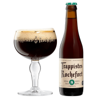 Speciaalbier trappist Rochefort 8 met ingeschonken rochefort bierglas